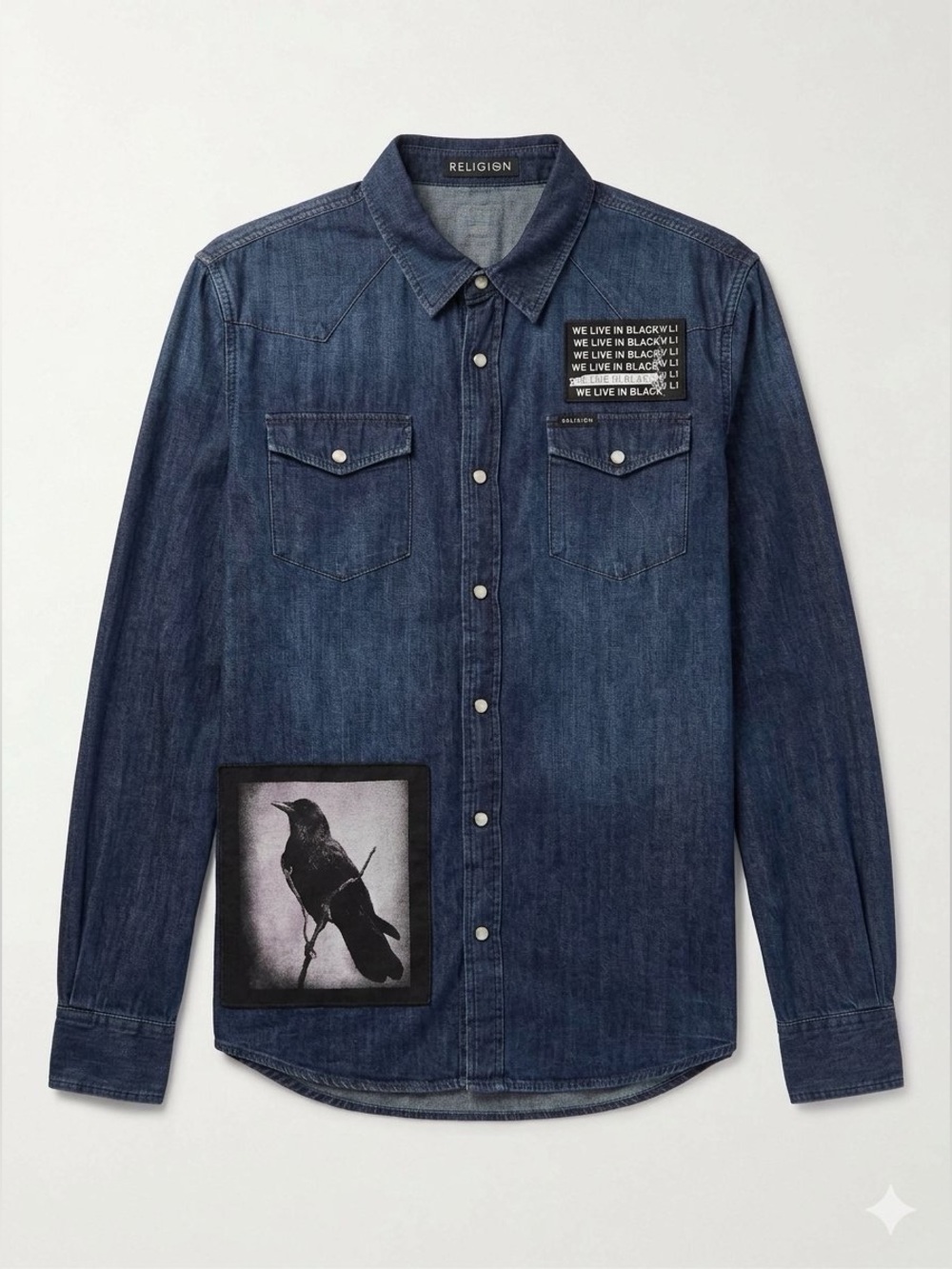Religion Clothing Men’s Blue Denim Button-Up Shirt L - Raven Graphic Patch Weste